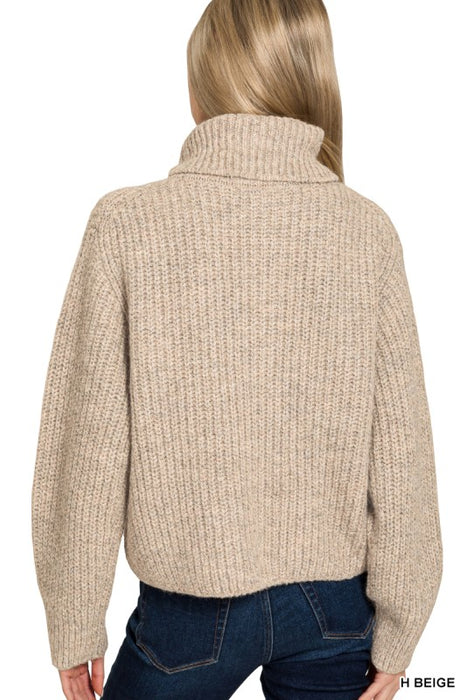 Heather Beige High Neck Full Zip Sweater