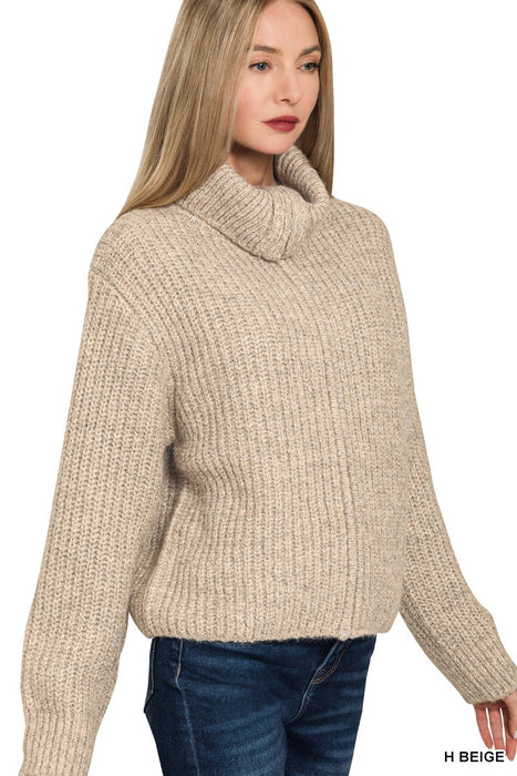 Heather Beige High Neck Full Zip Sweater