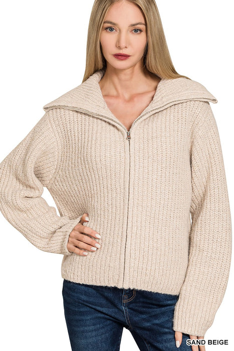 Sand Beige High Neck Full Zip Sweater