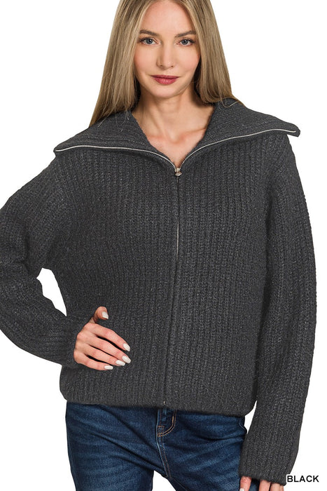 Black High Neck Full Zip Sweater
