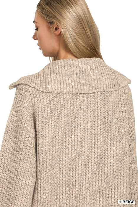 Heather Beige High Neck Full Zip Sweater
