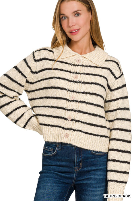 Beige Black Striped Collared Cardigan