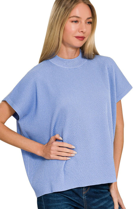 Blue Mock Neck Short Sleeve Boxy Sweater