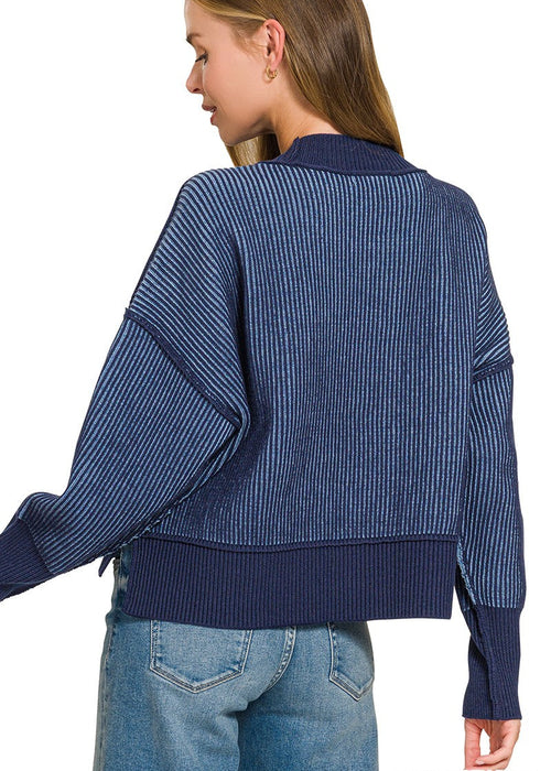 Navy Blue Exposed Seam Two Tone Sweater