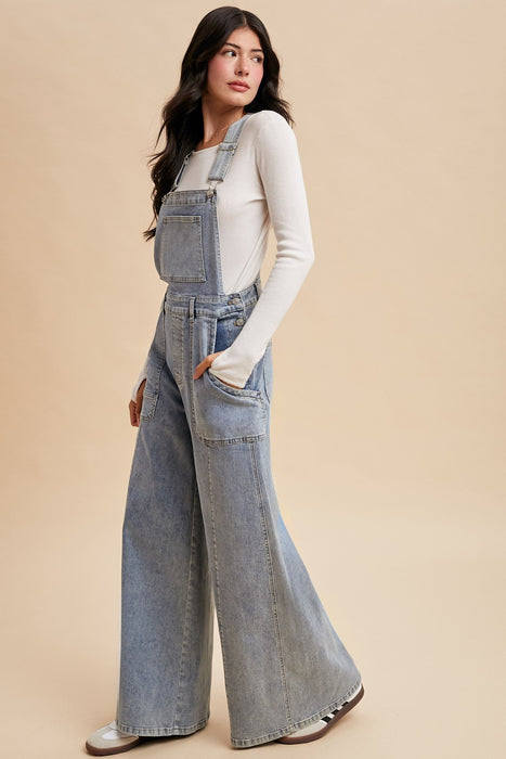 Washed Wide Palazzo Leg Denim Overall Jumpsuit