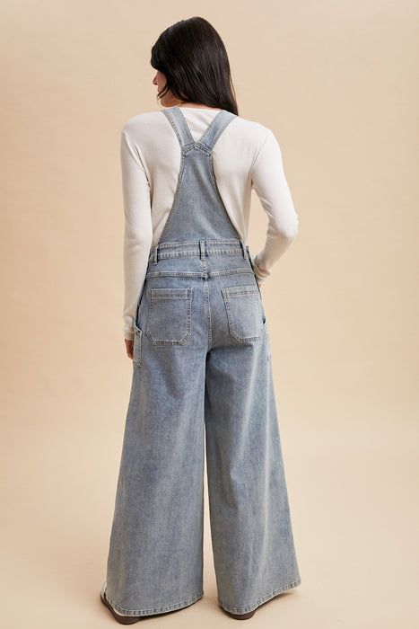 Washed Wide Palazzo Leg Denim Overall Jumpsuit