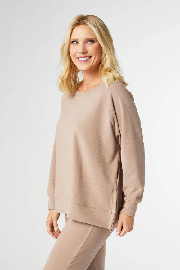 Weekend Brushed Side Zip Raglan Sleeve Top - Sand