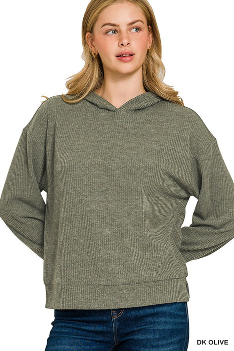 Dark Olive Ribbed Hoodie Pullover