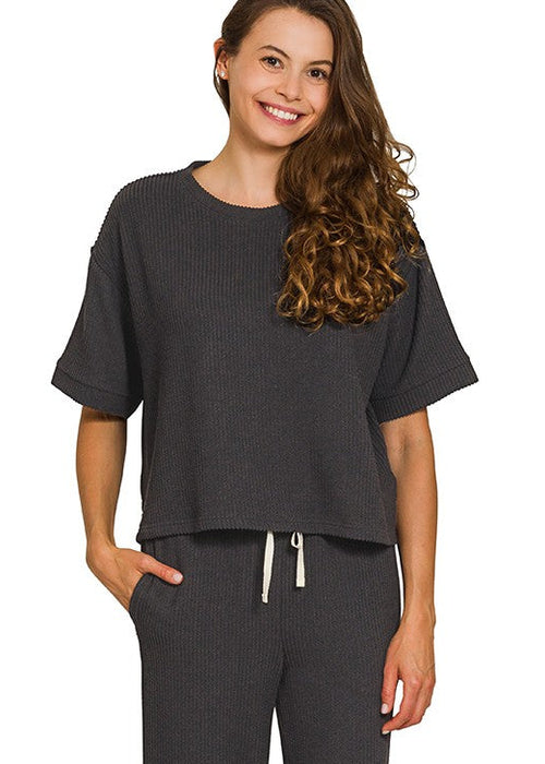 Black Raised Rib Short Sleeve Tee
