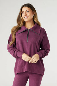 Weekend Brushed Half Zip Collar Top - Berry | S/M - 2XL