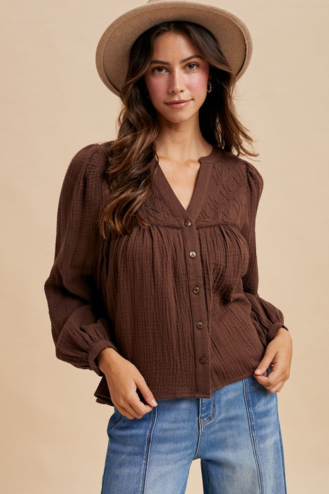 Embroidered Yoke Cotton Gauze Babydoll Blouse