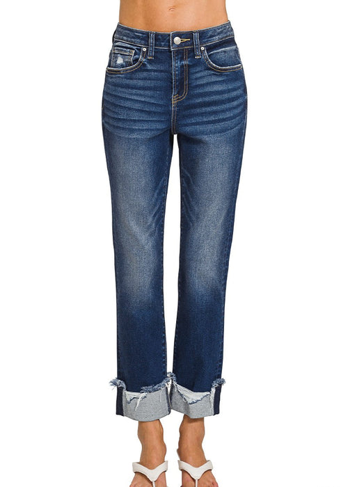 Zenana Cuffed Distressed Hem Denim Pants