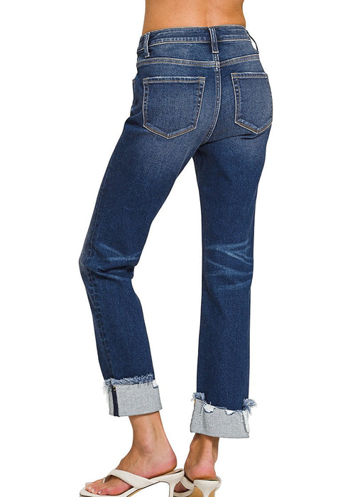 Zenana Cuffed Distressed Hem Denim Pants