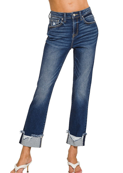 Zenana Cuffed Distressed Hem Denim Pants