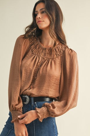 Satin Shirring Detailed Neck Puff Sleeve Blouse