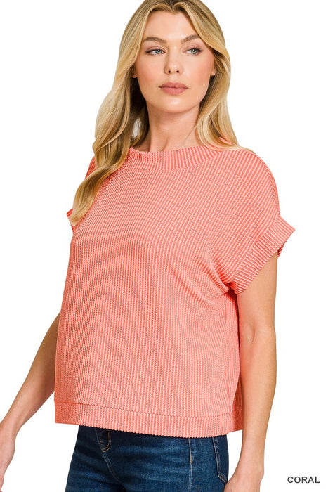 Coral Raised Ribbed Cap Sleeve Top