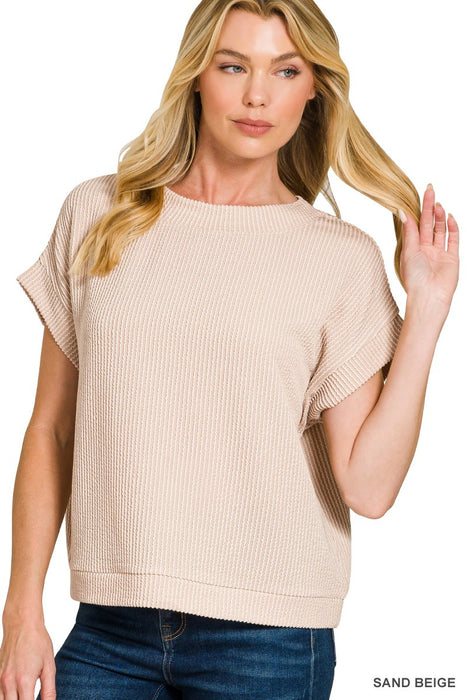 Sand Beige Raised Rib Cap Sleeve Top