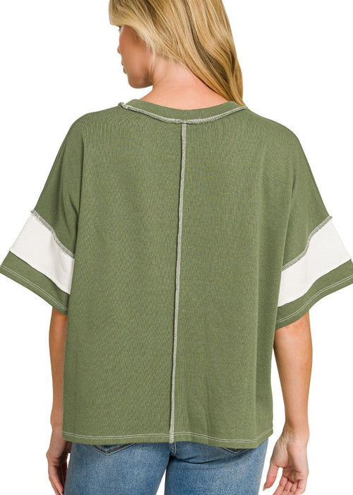 Olive French Terry Color Block Exposed Seam Top