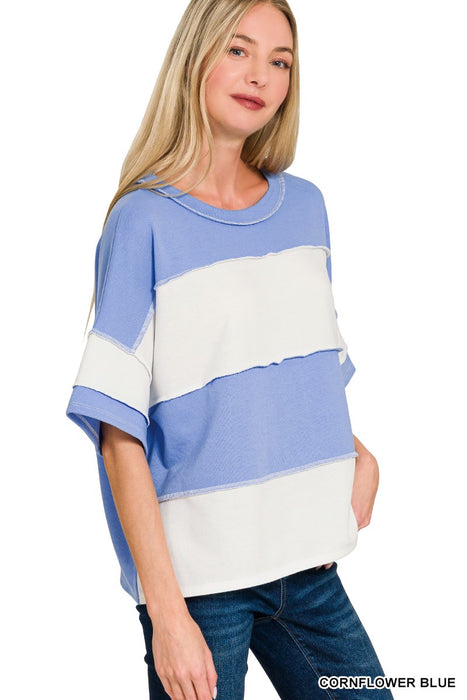 Blue French Terry Color Block Exposed Seam Top
