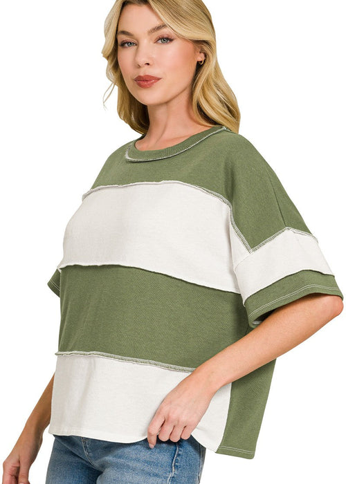 Olive French Terry Color Block Exposed Seam Top