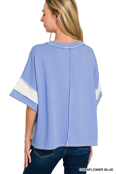 Blue French Terry Color Block Exposed Seam Top