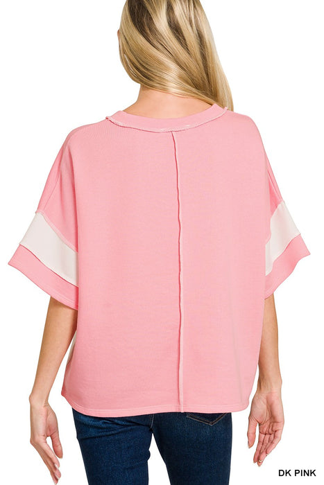 Pink French Terry Color Block Exposed Seam Top