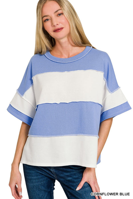Blue French Terry Color Block Exposed Seam Top