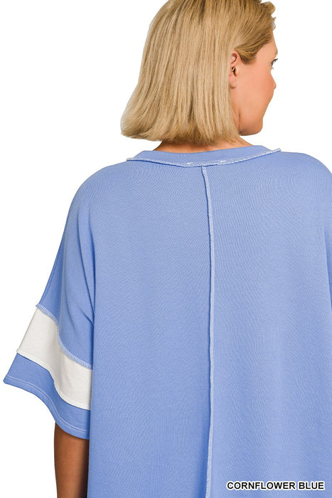 PLUS Blue/White French Terry Color Block Exposed Seam Top