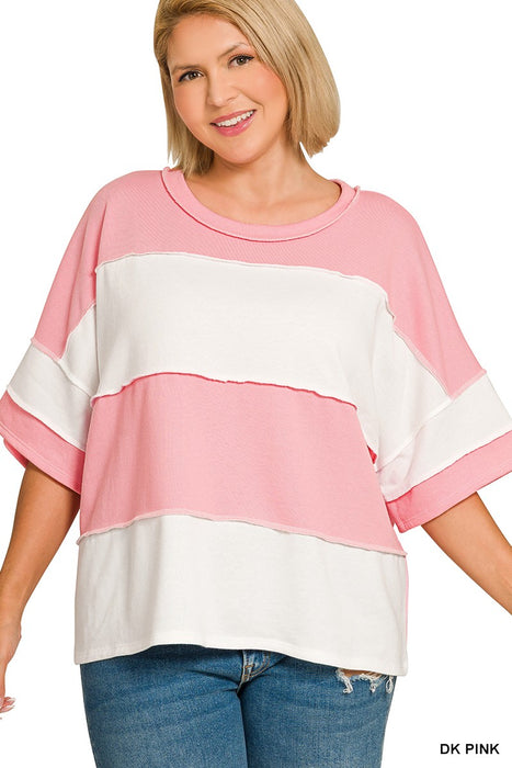 PLUS Pink/White French Terry Color Block Exposed Seam Top
