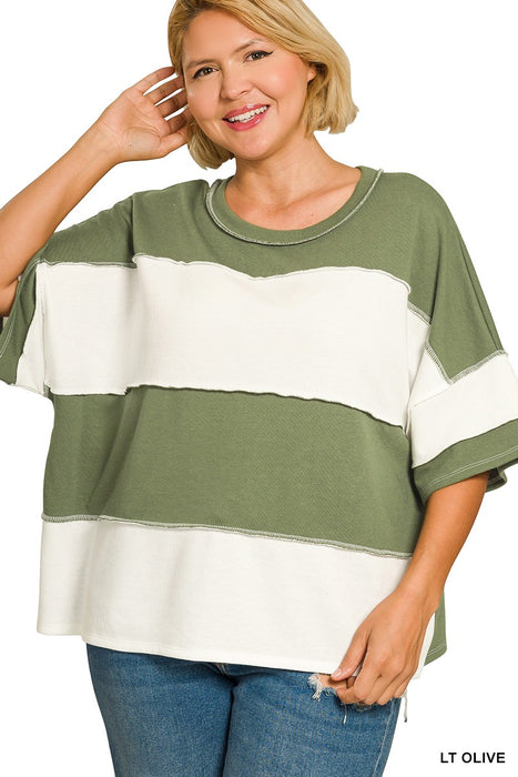 PLUS Olive French Terry Color Block Exposed Seam Top