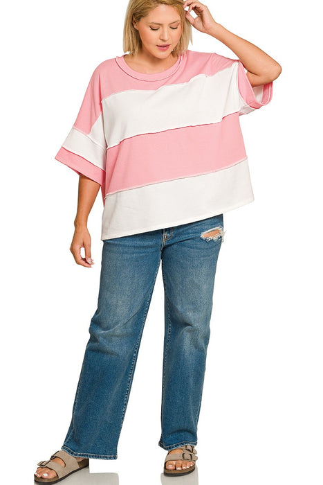 PLUS Pink/White French Terry Color Block Exposed Seam Top