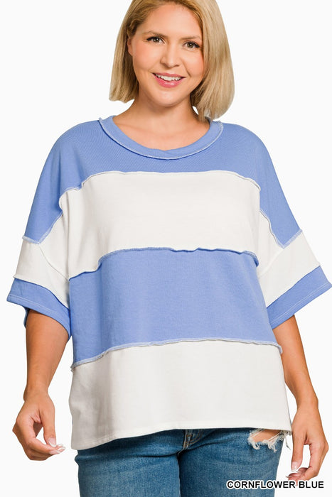 PLUS Blue/White French Terry Color Block Exposed Seam Top