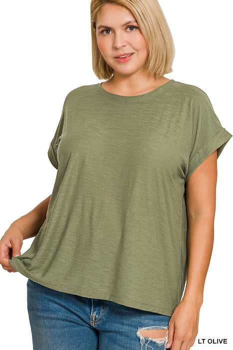 PLUS Light Olive Slub Rolled Sleeve Top
