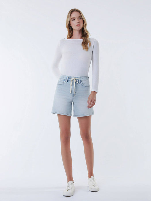 High Rise Drawstring Midi Denim Shorts