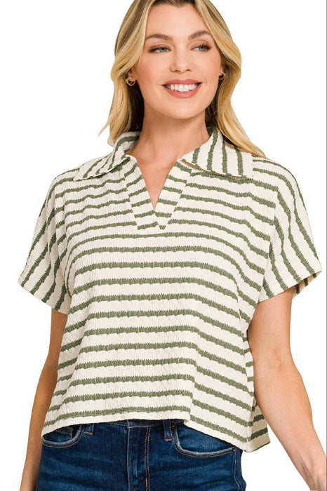 Olive Green Striped Split Neck Collared Top