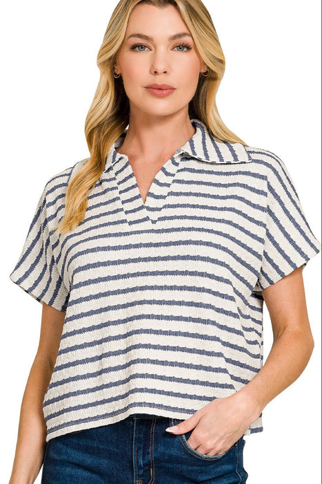 Blue Striped Split Neck Collared Top