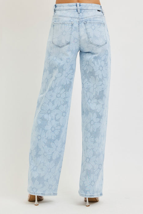 High Rise Wide Baggy Jeans With Floral Print