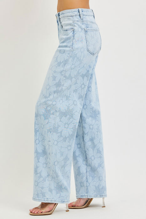 High Rise Wide Baggy Jeans With Floral Print