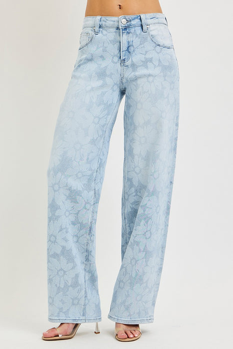 High Rise Wide Baggy Jeans With Floral Print