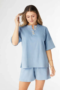 Weekend Brushed Ribbed Short Sleeve Henley Top - Sky