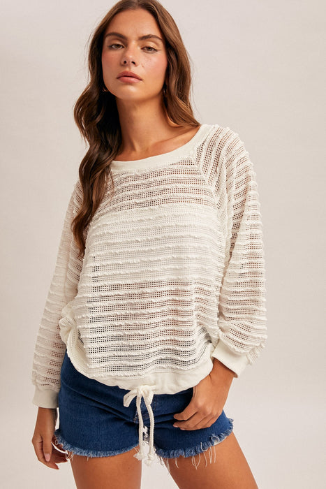 Raglan Sleeve Waist String Detail Textured Top