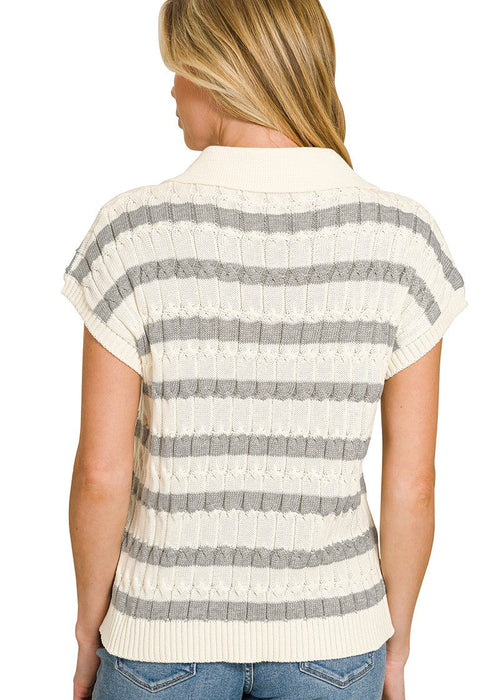 Black Stripe Textured Collared Sweater Vest