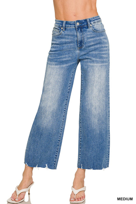 Wide-Leg Raw Hem Cropped Denim Pants