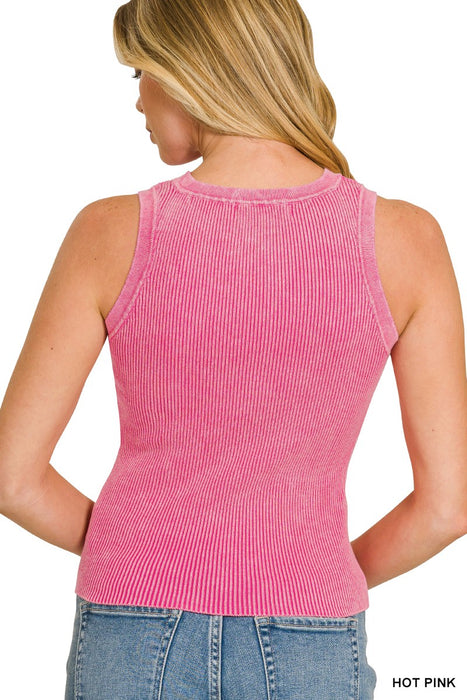 Hot Pink Washed Ribbed Sweater Tank Top