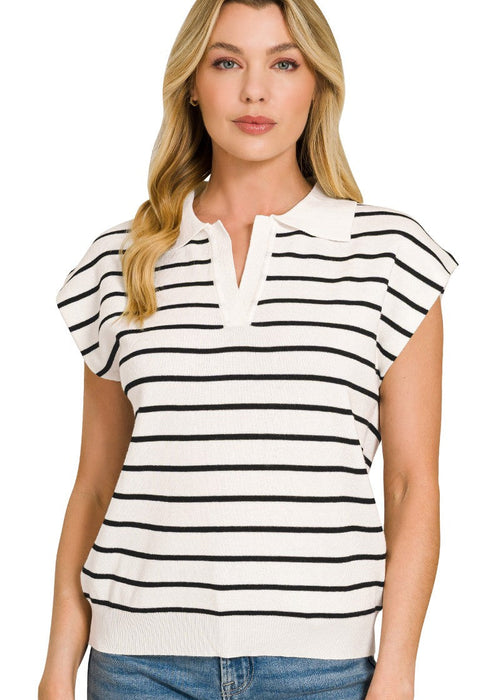 Ivory Black Stripes Viscose Collared Sweater