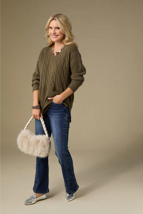 Heavenly Luxe V Neck Cable Sweater - Olive