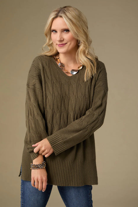 Heavenly Luxe V Neck Cable Sweater - Olive