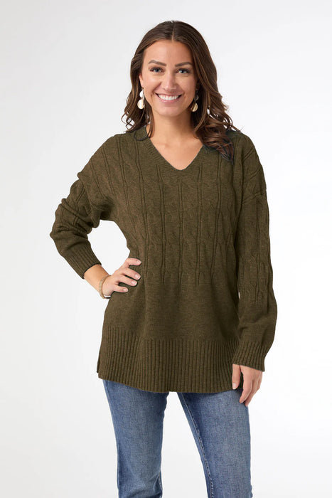 Heavenly Luxe V Neck Cable Sweater - Olive