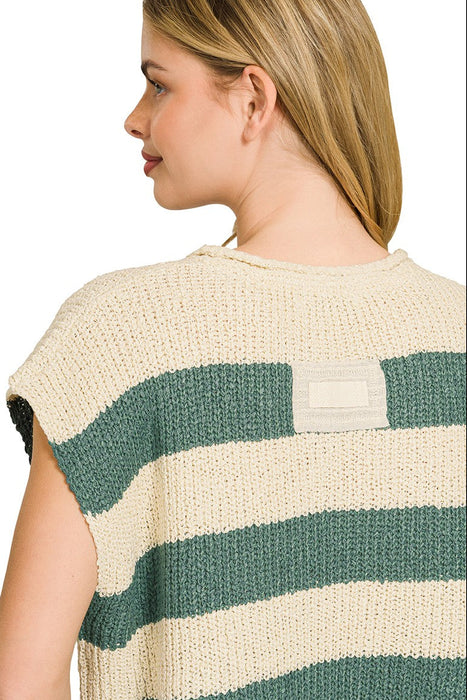 Ash Jade Split Neck Stripe Sleeveless Sweater
