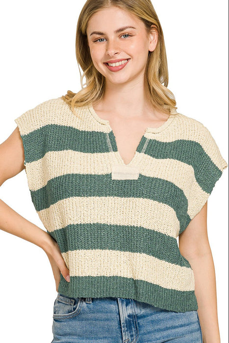 Ash Jade Split Neck Stripe Sleeveless Sweater